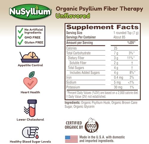 NuSyllium Psyllium Husk Powder USDA Organic, 21 Oz, Dietary Fiber Supplement with Brown Sugar, Helps Promote Digestive Health* Unflavored, 85 Servings