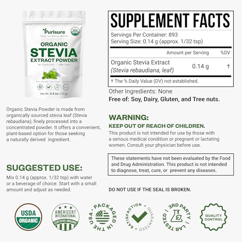 Organic Stevia Extract Powder, Sugar Alternative for Baking and Beverages, Concentrated Formula, Zero Calorie, Non-GMO, Keto Friendly, 892 Servings