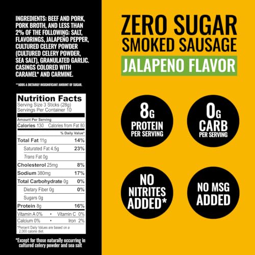 Tillamook Country Smoker Zero Sugar Spicy Jalapeno Smoked Sausages, 10 Oz, 9g Protein, Real Hardwood Slow Smoked High Protein, Low Carb Meat Sticks