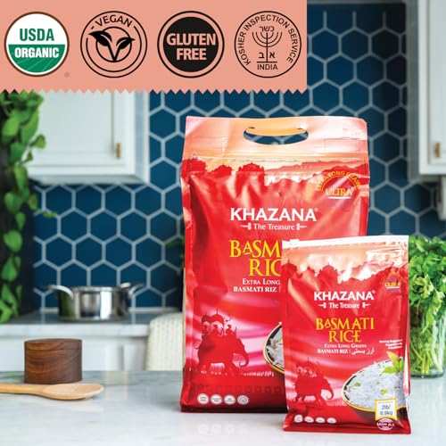 Authentic Extra Long Basmati Rice by Khazana in 10 lb Bag - Aromatic and Flavorful Indian Grain - Non-GMO, Gluten Free, Kosher, Cholesterol Free