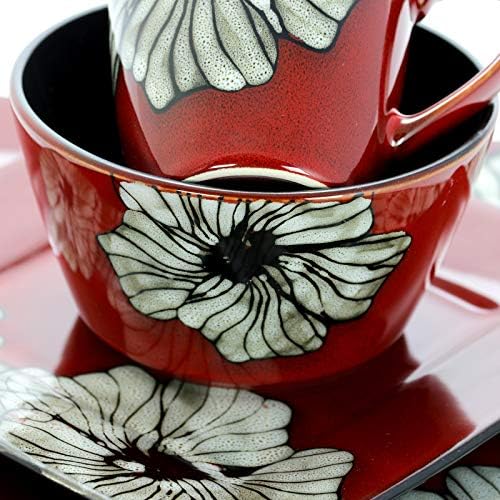 Elama's Luxurious Red Winter Bloom 16 Piece Dinnerware Set with Complete Settign for 4