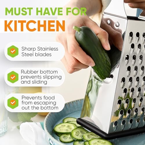 Spring Chef Stainless Steel Cheese Grater, Large Box Grater for Kitchen | 4 Sided Handheld Vegetable Shredder, Kitchen Food Grater for Cheese, Potato