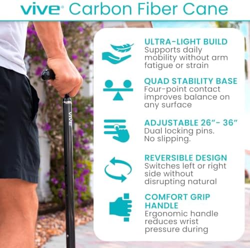 Vive Ultra-Lightweight Quad Cane - Carbon Fiber Walking Stick for Men | Women - Adjustable Ergonomic Grip Handle - Nonslip 4 Prong Rubber Tips for
