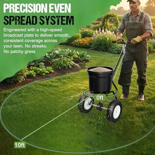 PPOLB Broadcast Spreader for Lawns, 50LB Fertilizer Spreader with 30-Level Flow Control, Walk Behind Lawn Seed & Salt Spreader, 0–10FT Coverage, Hopper Screen, Rain Cover, 12" Pneumatic Wheels