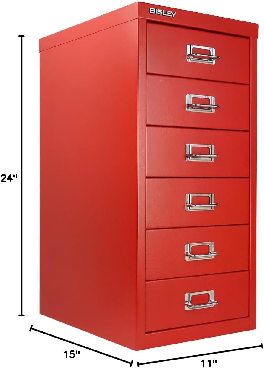 5-Drawer Steel MultiDrawer Cabinet - Orange, by Bisley | Chrome Pull Handles with Label Holders, Powder-Coated Steel, Removable Drawers, Desktop Storage, Labels Included
