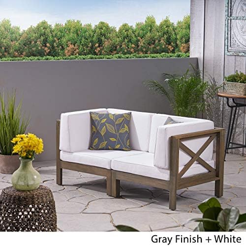 GDFStudio Outdoor Sectional Loveseat Set | 2-Seater | Acacia Wood | Water-Resistant Cushions | Teak and Beige