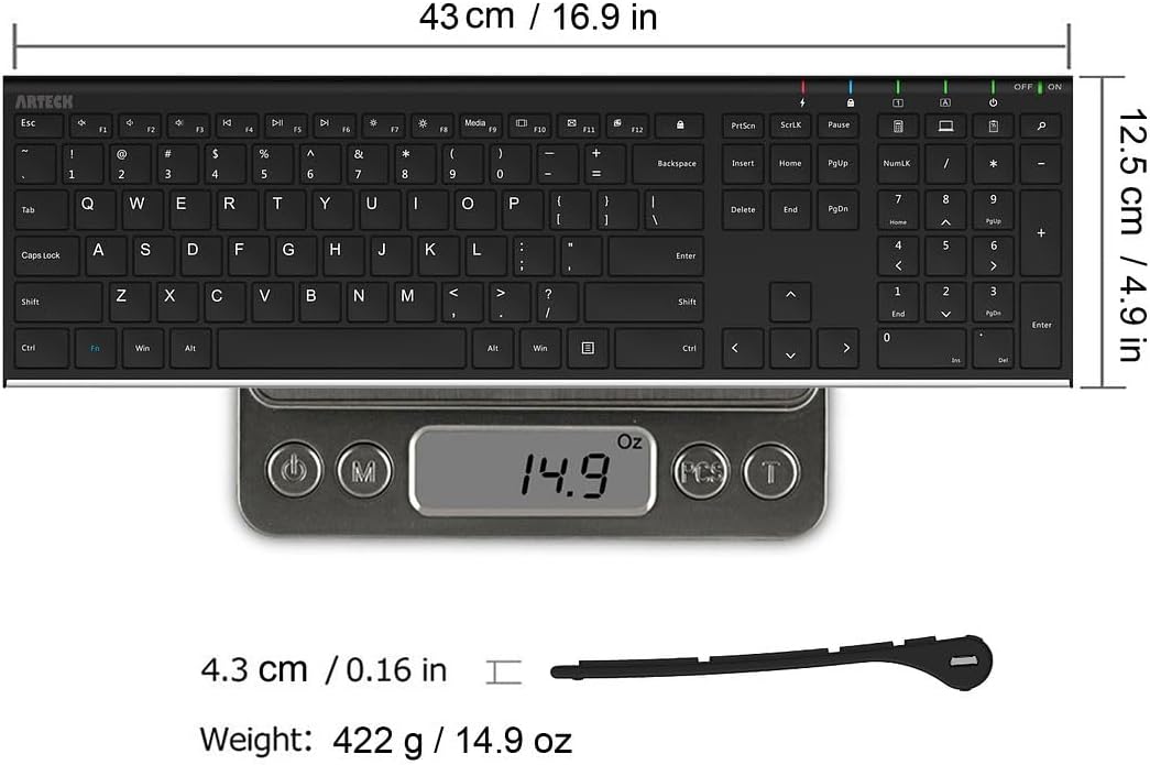 Arteck 2.4G USB Wireless Keyboard Full Size Keyboard for Computer/PC/Laptop