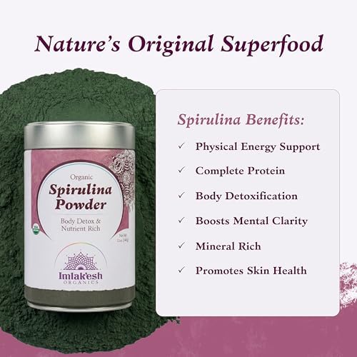 Imlakesh Organics Spirulina Powder - Heirloom Superfood, Grown in South America, Energy, Detox, Focus, Plant-Based Protein, Vitamin B12, Vegan, Keto