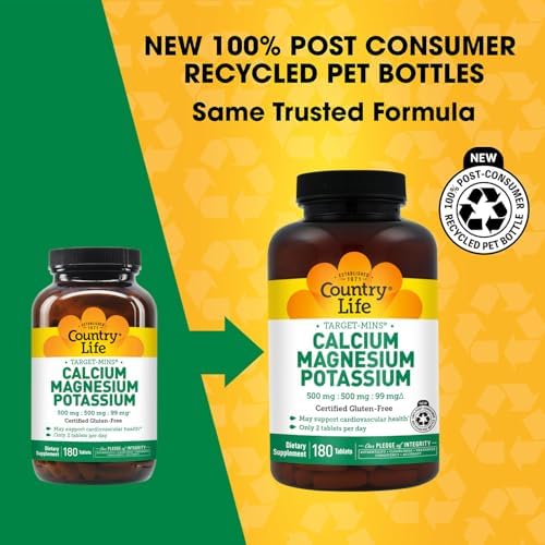 Country Life Target-Mins Calcium Magnesium Potassium, 180 Tablets | 500 mg calcium, 500 mg magnesium and 99 mg potassium per 2-tablet serving; certified gluten-free