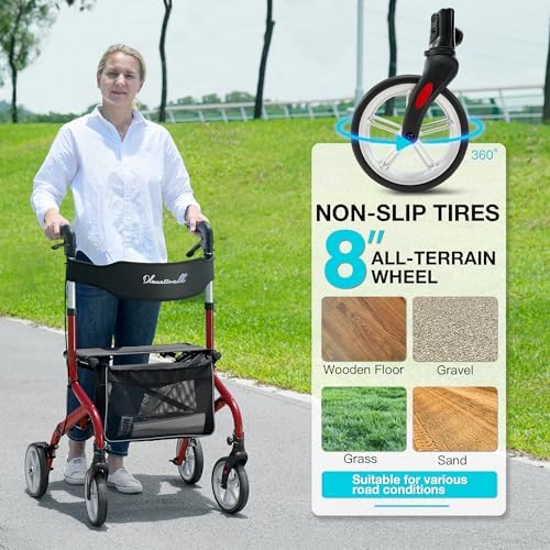 PLANET WALK Super Lightweight Rollator Walker for Seniors, Foldable Rolling Walker with Seat and 8" Rubber Wheels for All Terrain, Unique Design Aluminium Frame Sturdy Walkers for Traveling - Blue