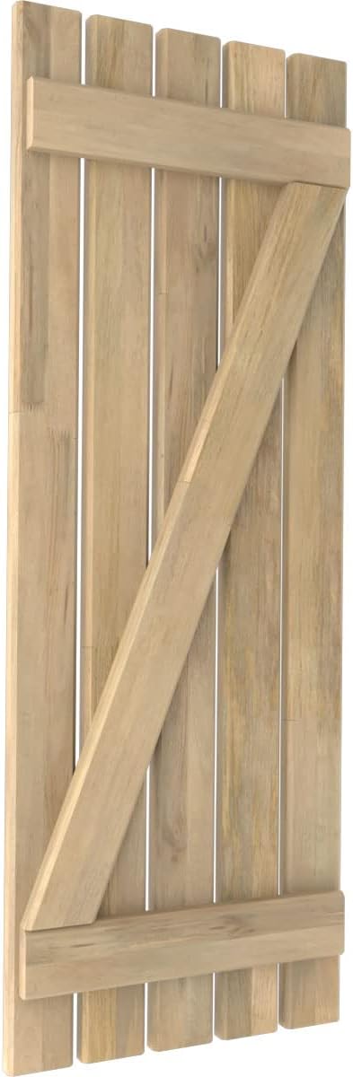 19 1/2"W x 70"H Americraft Five Board (2 Batten) Exterior Real Wood Spaced Board-n-Batten Shutters w/Z-Bar (Per Pair), Unfinished