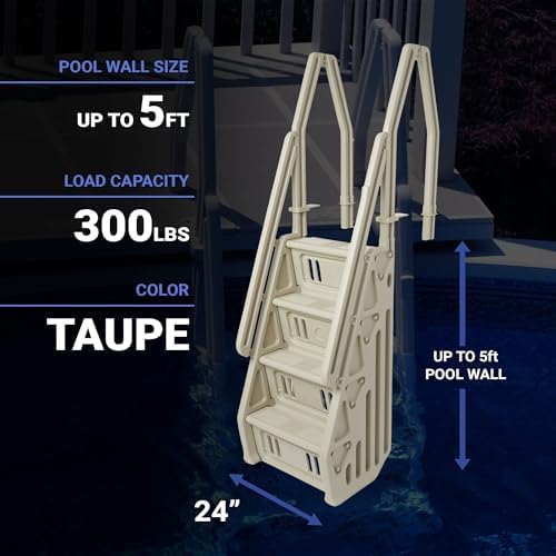 Deluxe Adjustable 24 Inch Wide in Pool Step Ladder Entry System for Above Ground Swimming Pools with Non Slip Steps, Taupe