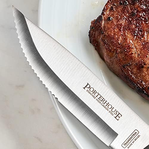 Tramontina Porterhouse 4-Pc Steak Knives | 5-Inch Stainless Steel High-Carbon Serrated Blade, Kitchen Knife Set with Hardwood Block, Full-Tang, Dishwasher-Safe