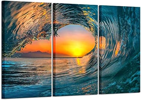 KREATIVE ARTS Large 3 Pieces Canvas Prints Wall Art Sunset Sea Water Ocean | Wave Pictures Paintings Modern Stretched and Framed Seascape Giclee