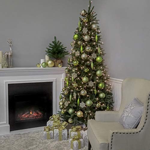 National Tree Company 7.5ft Pre-Lit Tiffany Fir Slim Christmas Tree | 600 Clear Lights, 1,878 Tips, Includes Stand, Artificial, Green