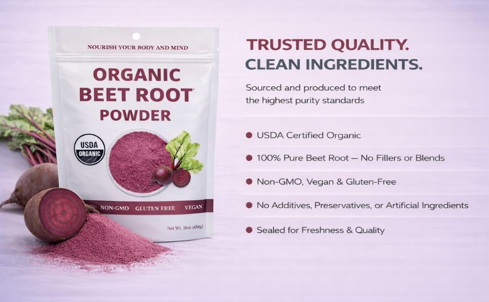 Chérie Sweet Heart Organic Beet Root Powder – Raw, Non-GMO, 1 LB – Natural Energy Boost, Supports Circulation, Detox, & Heart Health – Vegan, Gluten-Free