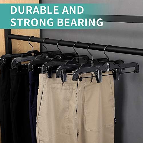 True Black Plastic Pant Skirt Hangers 20 Pack, with Strong Plastic Clips and Steel Wire, All Black Finish 14 inch