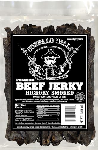 Buffalo Bills 16 Oz Hickory Smoked Premium Beef Jerky Pieces in Random Size | Selling Beef Jerky Nationwide Since 1990, Made In The USA, 100% US Beef, Marinated In Soy Sauce, Garlic, And Black Pepper