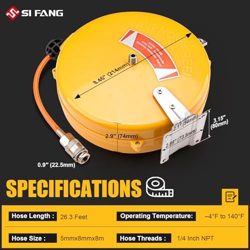 Mini Air Hose Reel With 1/4in. x 26ft. | Retractable Air Compressor Hose for Pneumatic Tools, Auto Rewind, Ceiling/Wall Mount
