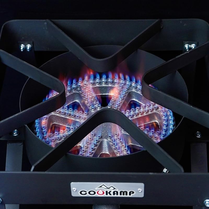 COOKAMP High Pressure 200000 BTU Banjo 1-Burner Outdoor Propane Burner Gas Cooker with 0-30 PSI Adjustable Regulator and Steel Braided Hose (Balck)