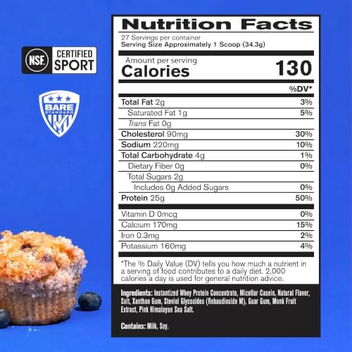 BARE PERFORMANCE NUTRITION, BPN Whey Protein + Casein Protein Powder Blend, Vanilla, 25g Protein per Serving Supports Lean Muscle Recovery