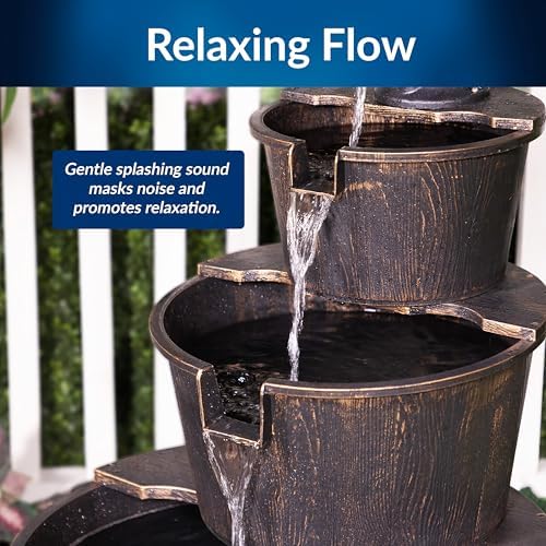 Alpine Corporation 40" Tall Outdoor Floor Tiered Rustic Pump and Barrel Water Fountain, Old-Fashioned Waterfall for Garden, Patio, Yard Decor
