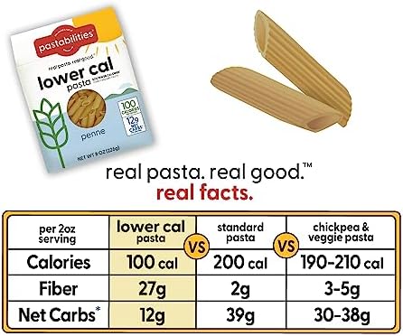 Pastabilities, Lower Calorie Pasta, Penne – 100 Calories per Serving, Low Net Carbs, Low Calorie, Non-GMO, High Fiber, Vegan, Plant-Based