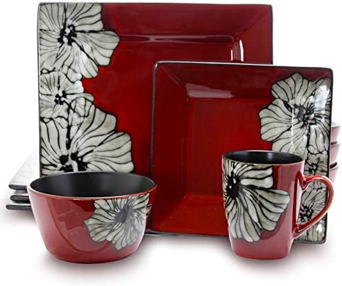Elama's Luxurious Red Winter Bloom 16 Piece Dinnerware Set with Complete Settign for 4