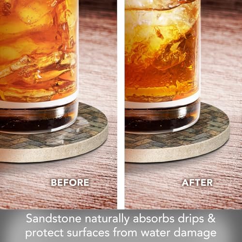 Thirstystone Herringbone Pattern Natural Sandstone Coaster 4 Pack | Eco-Friendly, Absorbent, Easily Wipes Clean