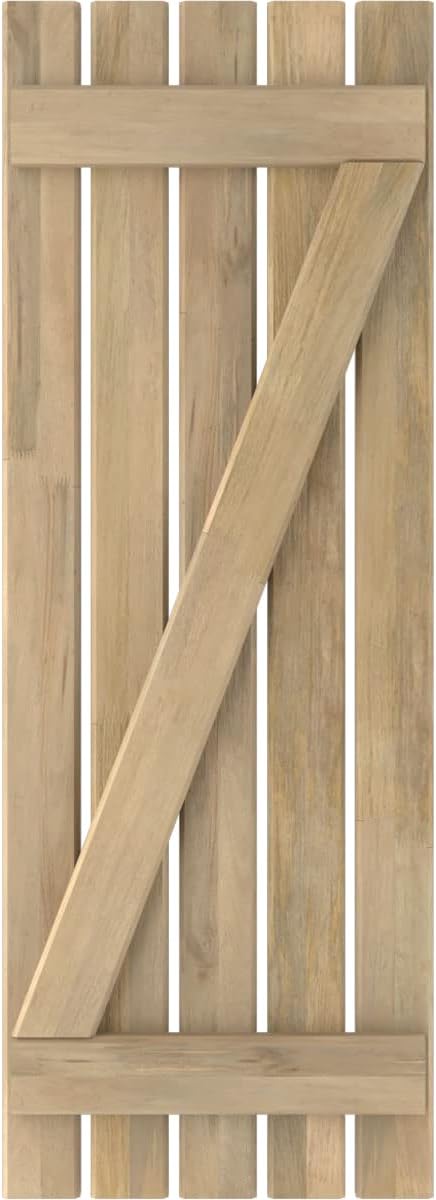 19 1/2"W x 70"H Americraft Five Board (2 Batten) Exterior Real Wood Spaced Board-n-Batten Shutters w/Z-Bar (Per Pair), Unfinished