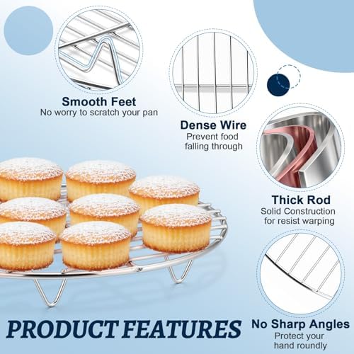 P&P CHEF 9 Inch Cooking Rack Round for Steaming Cooling, Silver, 2 Pack