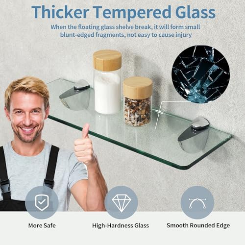 Alise Bathroom Glass Shelf, 15 Inch Floating Shelves for Wall, Matte Black