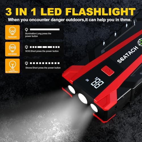 Scatach 6000A Car Battery Jump Starter,12V Portable Jump Starter Battery Pack (up to 9.0L Gasoline and 7.0L Diesel Engine), Jump Box with 3 Modes Flashlights, Jumper Cables, LED Display