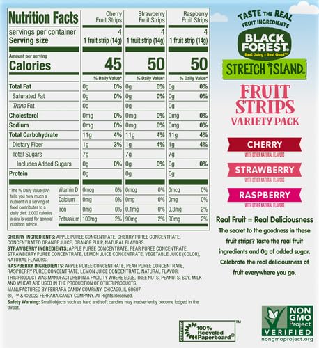 Black Forest, Stretch Island, Fruit Strips, Cherry, Apple, Raspberry, Grape, Strawberry, and Apricot, Zero Grams Added Sugar Non-GMO, 48 ct