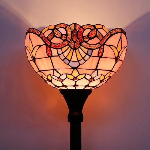 WERFACTORY Tiffany Floor Lamp Pink Baroque Stained Glass Torchiere Light | 12X12X71 Inches Pole Standing Corner Torch Uplight Decor Bedroom Living