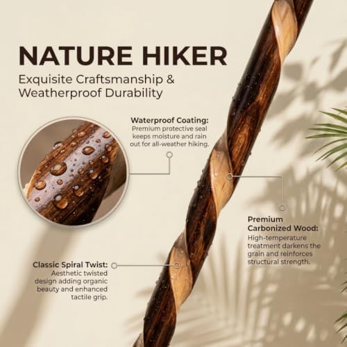 FOREST PILOT Handcrafted Nature Wood Hiking Stick 55 Inches Long - with Hand Strap and Rubber Tip Cover - Transparent Waterproof Painting Coating