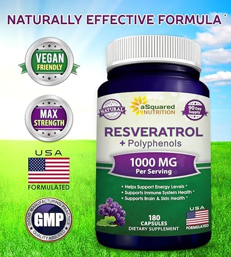 aSquared Nutrition Natural Resveratrol with Red Wine Extract - 180 Capsules - Trans Resveratrol Antioxidant Supplement Pills for Pure Heart Health
