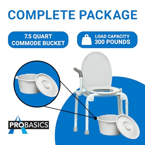 ProBasics Drop Arm Adjustable Bedside Folding Commode Chair Portable with Handles, for Elderly, Seniors, and Disabled People, Supports 300lbs