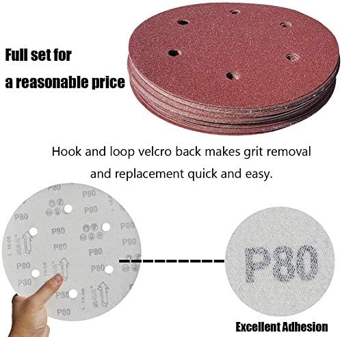 Tonmp 50 PCS 9 Inch 6 Hole Drywall Sanding Discs Set -10 Each of 60 80 120 150 240 Grits, 9" Hook-and-Loop Sandpaper for Electric Drywall Sander