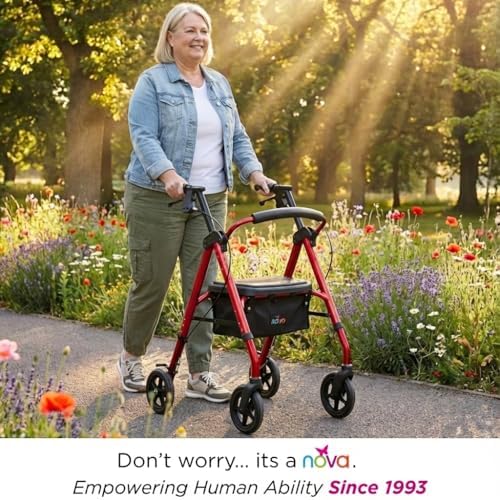 NOVA Star DX Foldable Rollator Walker, Wide Padded Seat, 8” Rugged All-Terrain Wheels, Easy-Grip Locking Hand Brakes, Fold Lock, Height Adjustable