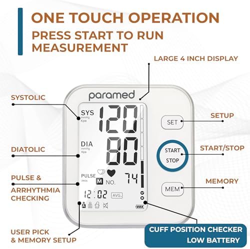 Paramed Blood Pressure Monitor - Bp Machine - Automatic Upper Arm Blood Pressure Cuff 8.7-16.5 inches - Large LCD Display 120 Sets Memory - Device