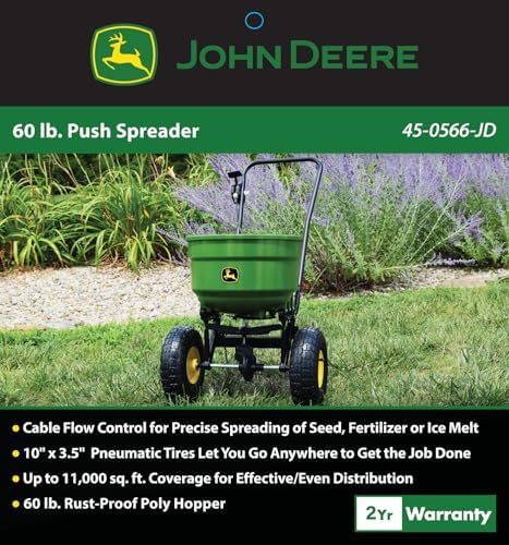 John Deere Push Broadcast Spreader for Seed, Fertilizer & Ice Melt, 60 lb Capacity Walk-Behind Lawn Spreader with Pneumatic Tires