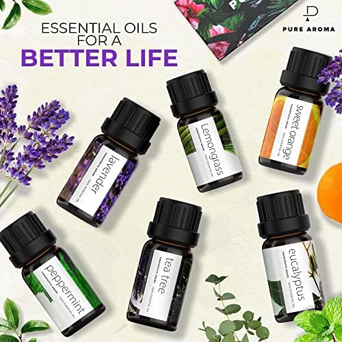 Essential Oils Set by Pure Aroma - Top 6 Aromatherapy Oils Gift Set-6 Pack, 10ml (Eucalyptus, Lavender, Lemongrass, Sweet Orange, Peppermint