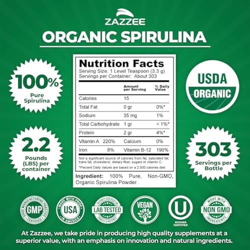 Zazzee USDA Organic Spirulina Powder, 2.2 Pounds (1 KG), 303 Servings | Certified Kosher, 100% Pure, Non-Irradiated, Mess-Free Wide Mouth Container, Fresh Smell, Neutral Taste, Non-GMO, Made in USA