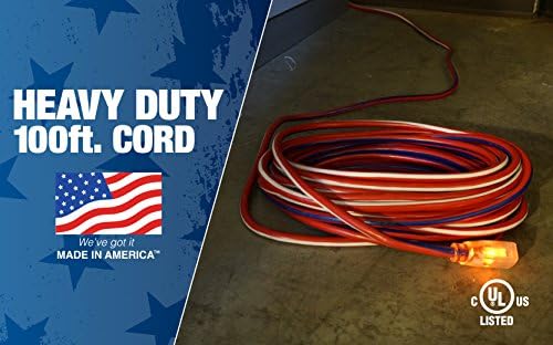 Southwire Heavy Duty Extension Cord, 50Ft, 12 Gauge, 3 Conductor, Outdoor Cord, Lighted End, SJTW, Red/White/Blue, 2548SWUSA1