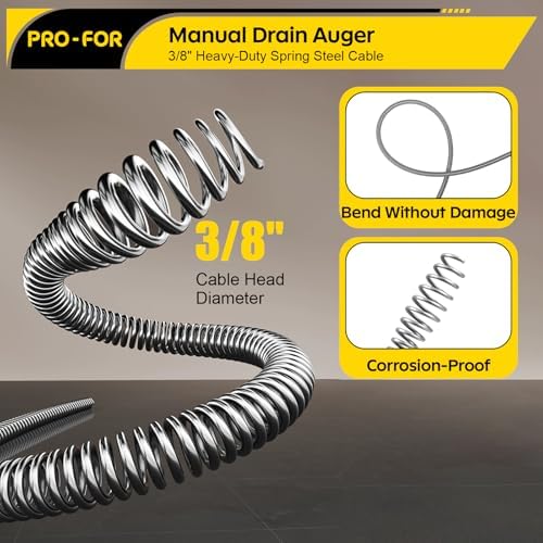 25FT Handheld Drain Auger, Heavy Duty Plumbing Snake for Clogged Drains, 3/8 Inch Diameter Manual Drain Cleaner for Sink, Bathtub