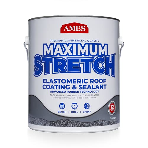 Ames Maximum Stretch - Waterproof Sealant Membrane - Perfect For Roofing, Repairs, Concrete, EPDM & Wood - Liquid Rubber Sealer - Up To 650% Elastic - Made in USA, White, 4.6 Gallon (Pack of 1)