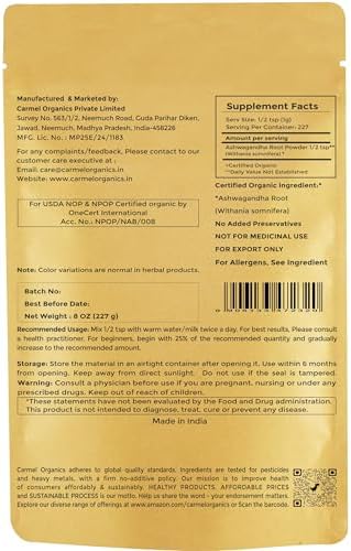 CARMEL ORGANICS Organic Ashwagandha Root Powder 8 Ounce
