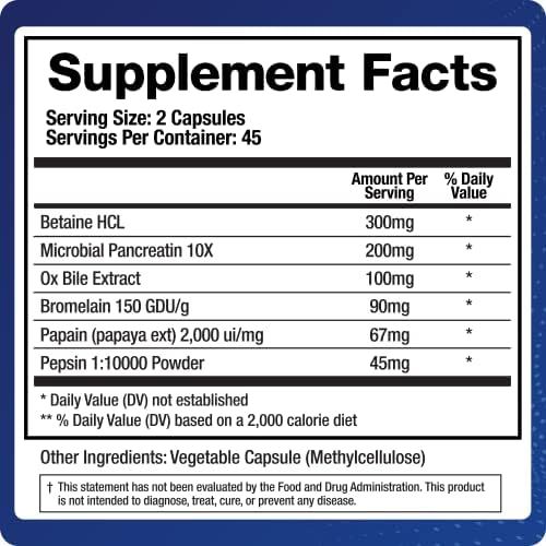 Digestive Enzymes Supplement (90 Capsules) Support Digestion - with Purified Bile, Pancreatin, Plant Enzymes, Ox Bile, Betaine HCL