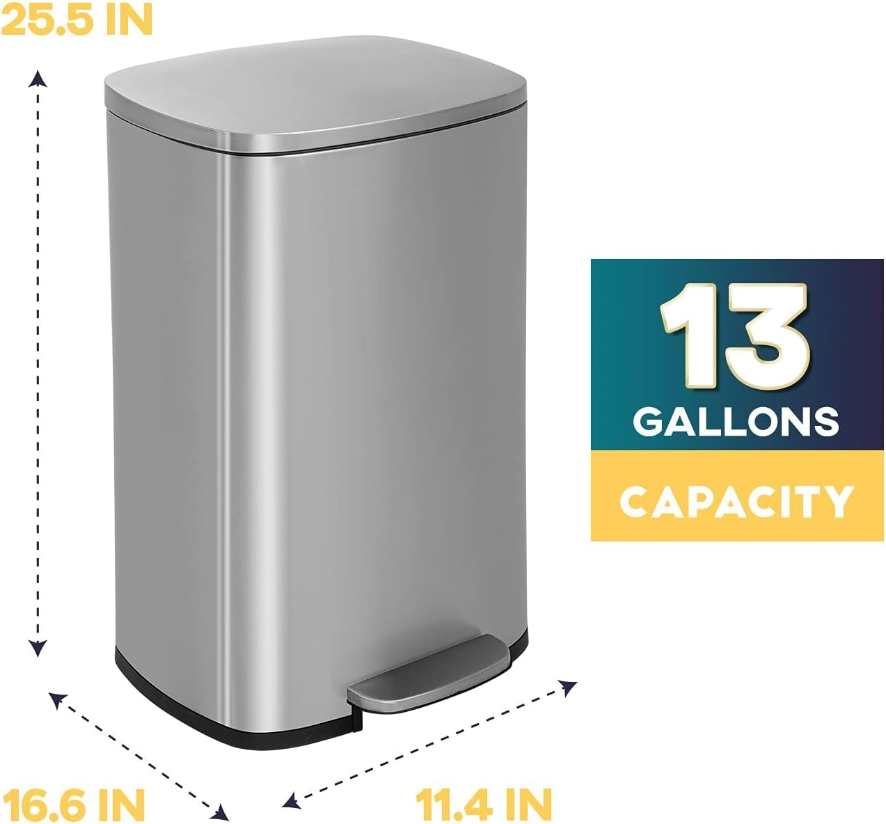 FDW | 13 Gallon Trash Can with Lid | Steel | Fingerprint-Proof | Made of Brushed Stainless Steel | Soft-Close Step Pedal | Hands-Free Use | Easy to Clean | for Kitchen, Office, Bathroom